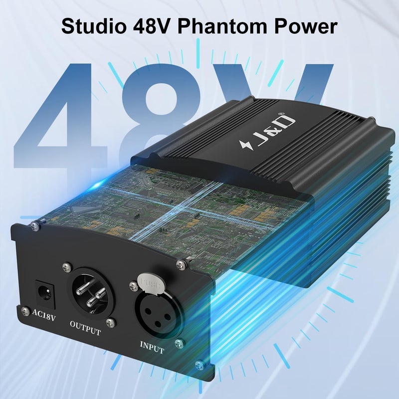 JD 48V Phantom Power Supply, 1-Channel Design with Adapter, Compatible with Any Condenser Microphones, Ideal for Professional Music Recording and Studio Use, Black - Image 4